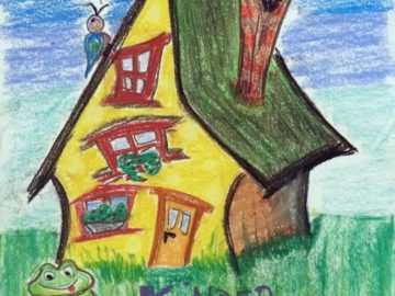 Mit Wachsmalstiften gemaltes Haus der Kindergruppe Pünktchen
